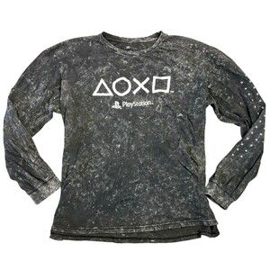 PlayStation Men's T-Shirt Long Sleeve White Wash Video Game Console Black XL